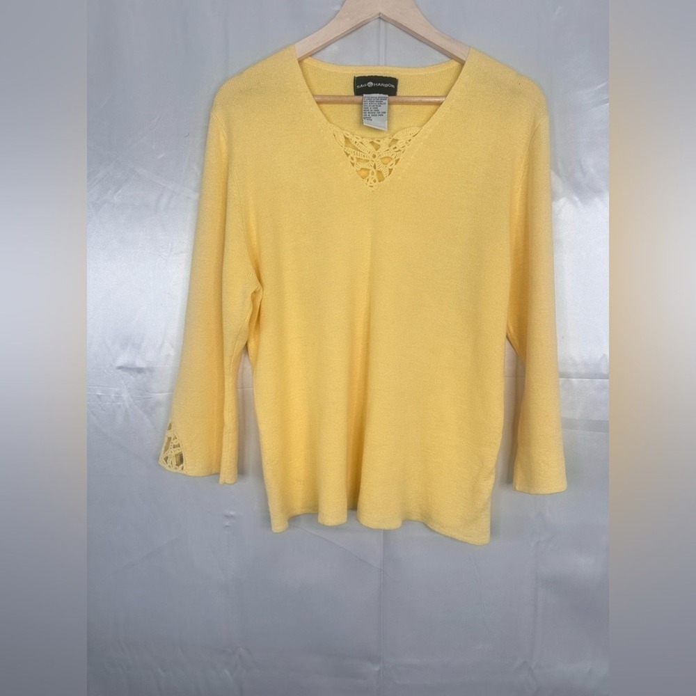 Sag Harbor Yellow Crochet Lace V-Neck Sweater XL 3/4 Sleeve Ramie Blend S53348KM
